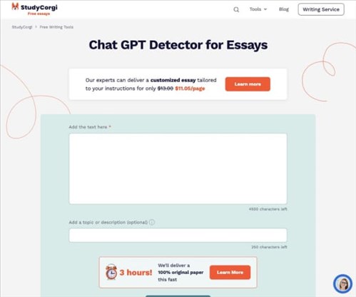 StudyCorgi ChatGPT Detector网页截图